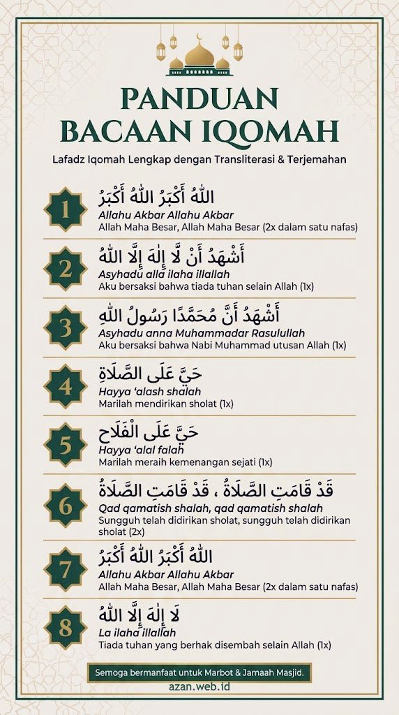 Bagan Teks Bacaan Iqomah Arab, Latin, dan Terjemahan Arti Teks bacaan iqomah arab latin dan artinya lengkap untuk sholat fardhu